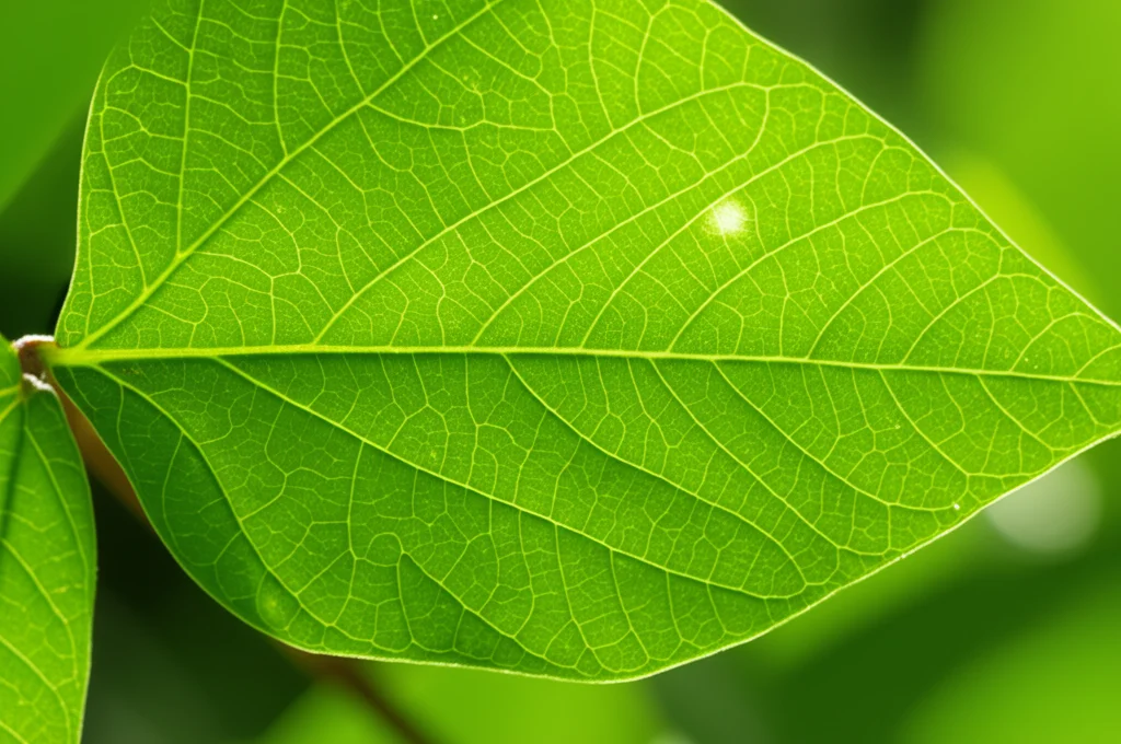 Macro fotografia di una foglia verde brillante di Pueraria lobata (kudzu), obiettivo macro 100mm, alta definizione, messa a fuoco precisa, illuminazione naturale controllata, che mostra le intricate venature.