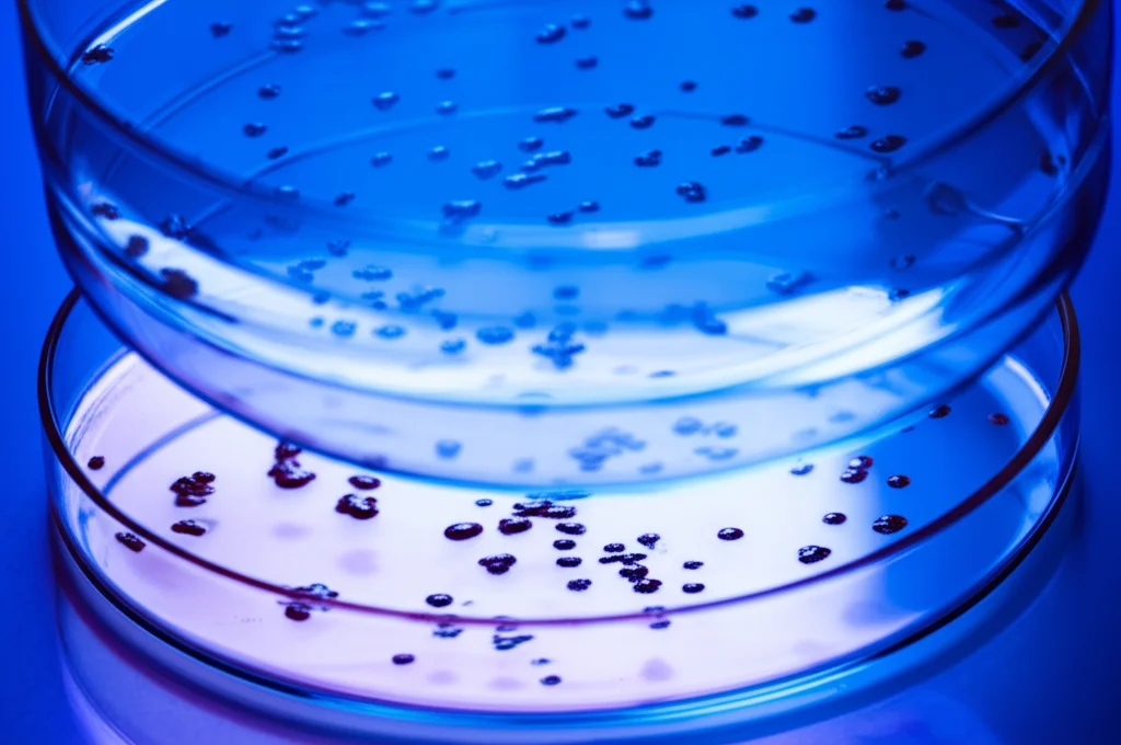 Immagine fotorealistica di vetreria da laboratorio (becher, piastre Petri) contenente colture cellulari sotto la luce di un microscopio, focus su una piastra Petri che mostra colonie cellulari, obiettivo macro 90mm, illuminazione controllata, alta definizione, suggerendo ricerca scientifica sulle cellule.