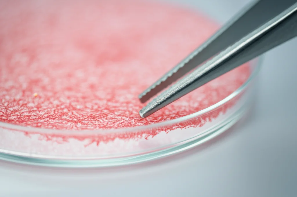 Primo piano, immagine fotorealistica di un campione di modello di pelle umana ricostruita in 3D in un ambiente di laboratorio, forse tenuto da pinzette o in una piastra Petri, che mostra la struttura a strati, obiettivo macro 70mm, messa a fuoco precisa, illuminazione controllata, alta definizione.