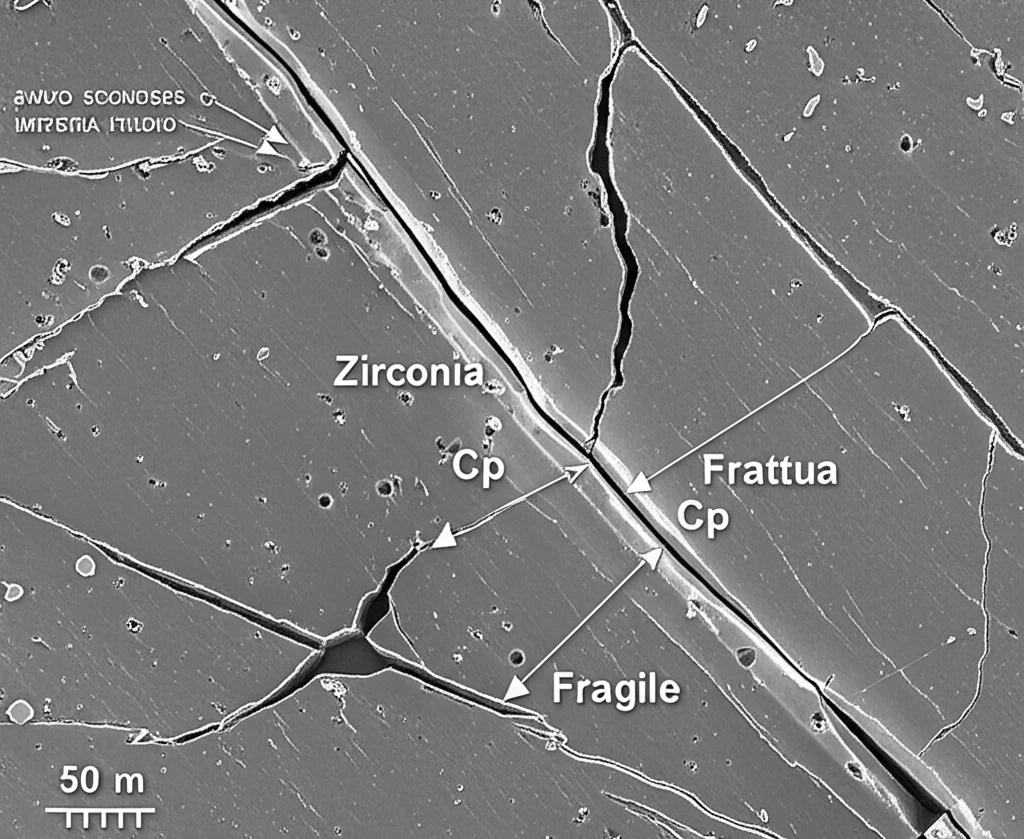 Immagine al microscopio elettronico a scansione (SEM) che mostra i dettagli della superficie di frattura di un campione di Zirconia dentale dopo un test di resistenza, evidenziando le linee di propagazione della crepa (Cp) e le caratteristiche della frattura fragile, illuminazione specifica per SEM, alta magnificazione.