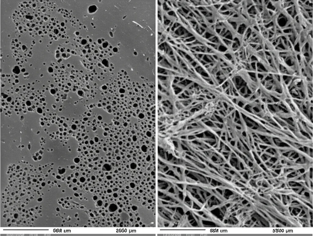 Vista al microscopio elettronico a scansione (SEM, alta definizione, messa a fuoco precisa) che confronta due zone di solidificazione post-combustione: a sinistra, lega di alluminio 5052 non rivestita con evidenti porosità (buchi); a destra, lega 5052 con rivestimento Ni, che mostra una microstruttura dendritica significativamente più densa e compatta.