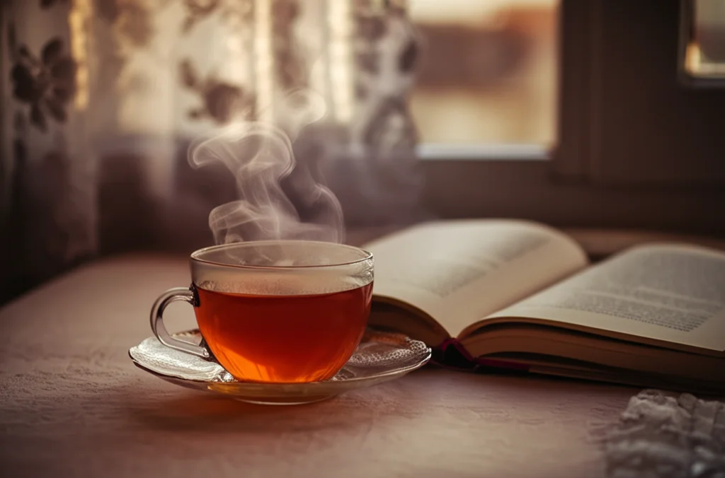 Foto macro di una tazza di tè fumante appoggiata su un libro aperto vicino a una finestra con luce mattutina soffusa, obiettivo macro 85mm, alta definizione, messa a fuoco precisa sulla tazza, sfondo leggermente sfocato.