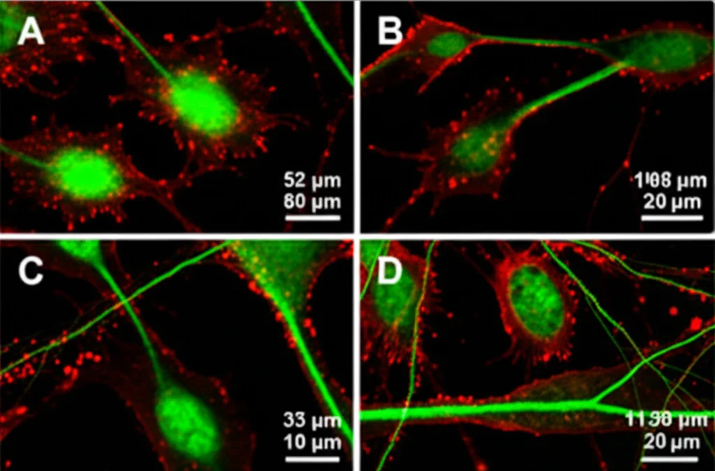 Micrografia confocale ad alta risoluzione che mostra neuroni dopaminergici umani (verdi, marcatore βIII-tubulina) in coltura microfluidica. Si evidenziano aggregati rossi brillanti di alfa-sinucleina fosforilata (pSyn) all'interno dei neuriti. Alcuni aggregati sono piccoli e puntiformi, altri più allungati. Obiettivo 40x ad immersione in acqua, sfondo nero, alta definizione, illuminazione laser confocale.