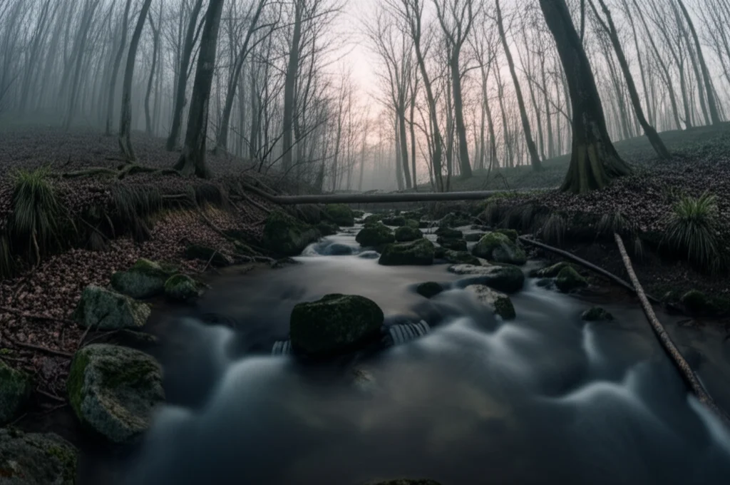 Paesaggio grandangolare di una foresta nebbiosa all'alba, obiettivo 18mm wide-angle, lunga esposizione per rendere l'acqua di un ruscello liscia e setosa, messa a fuoco nitida sugli alberi in primo piano, atmosfera calma e misteriosa.