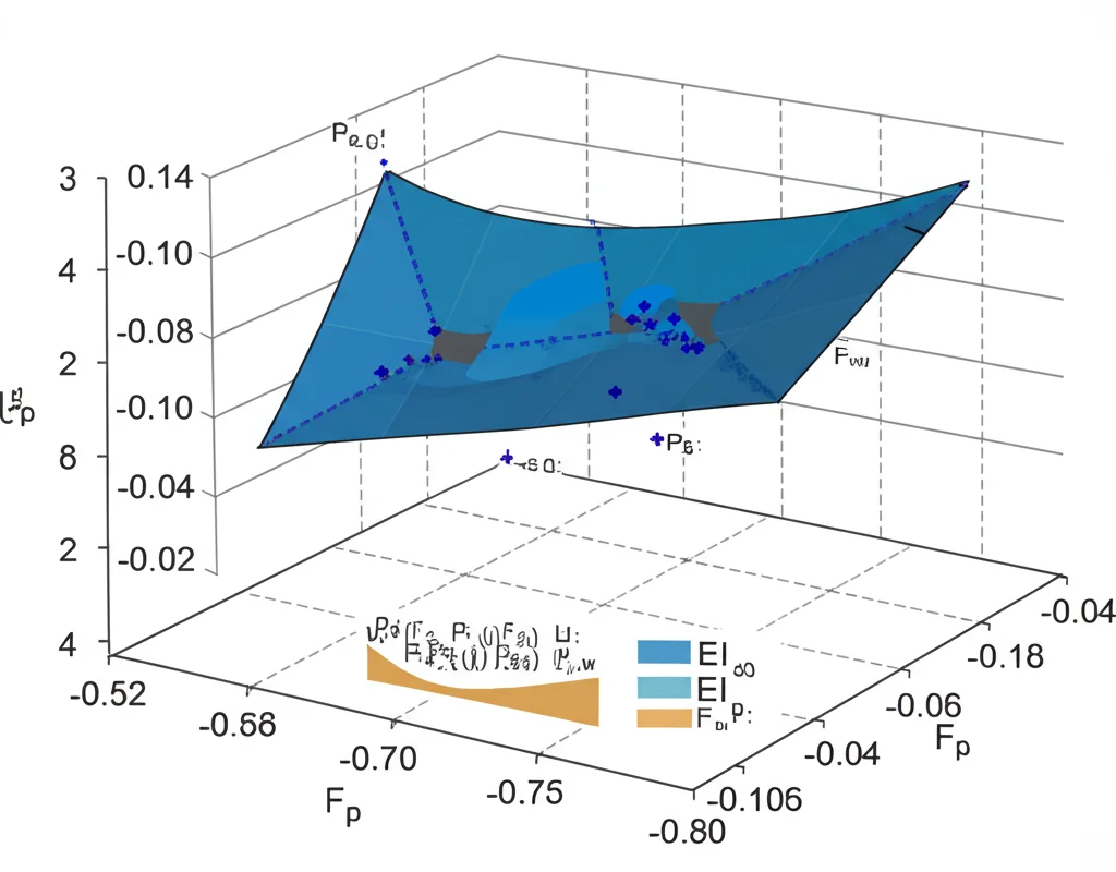 Grafico 3D astratto che illustra l'ottimizzazione Pareto per il nesso Acqua-Energia-Ecosistema (WEE) nel bacino ML-BXK, mostrando i trade-off tra produzione idroelettrica (HP), impatto ecologico (EI) e capacità di mitigazione delle piene (Fp) a diversi flussi di rilascio. Illuminazione controllata, alta definizione, stile infografica scientifica.