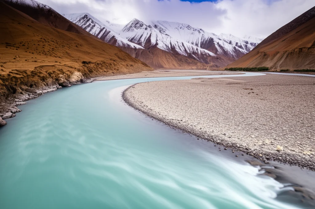 Veduta aerea del fiume Yarlung-Tsangpo che serpeggia attraverso l'imponente Grand Canyon, mostrando il contrasto tra l'acqua turchese e le montagne innevate circostanti. Obiettivo grandangolare 10mm, lunga esposizione per rendere l'acqua setosa, messa a fuoco nitida sul paesaggio, luce del mattino.