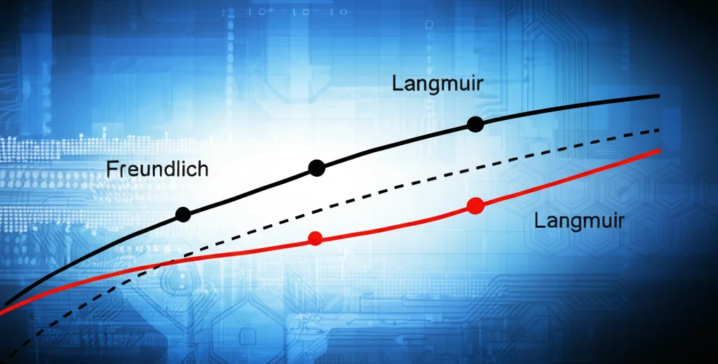 Grafico scientifico stilizzato che mostra le curve di adsorbimento del modello di Langmuir e Freundlich. Sfondo astratto high-tech blu e bianco. Illuminazione morbida. Focus sui punti dati sperimentali che si adattano bene alla curva di Langmuir.