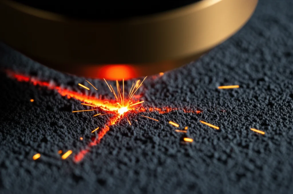Primo piano macro di un raggio laser che colpisce un letto di polvere metallica scura durante un processo PBF-LB. Si vede la pozza fusa incandescente con piccole scintille luminose che si sollevano. Obiettivo macro 100mm, alta definizione dei granelli di polvere e del metallo fuso, illuminazione drammatica che evidenzia il contrasto tra la polvere fredda e il punto caldo del laser.
