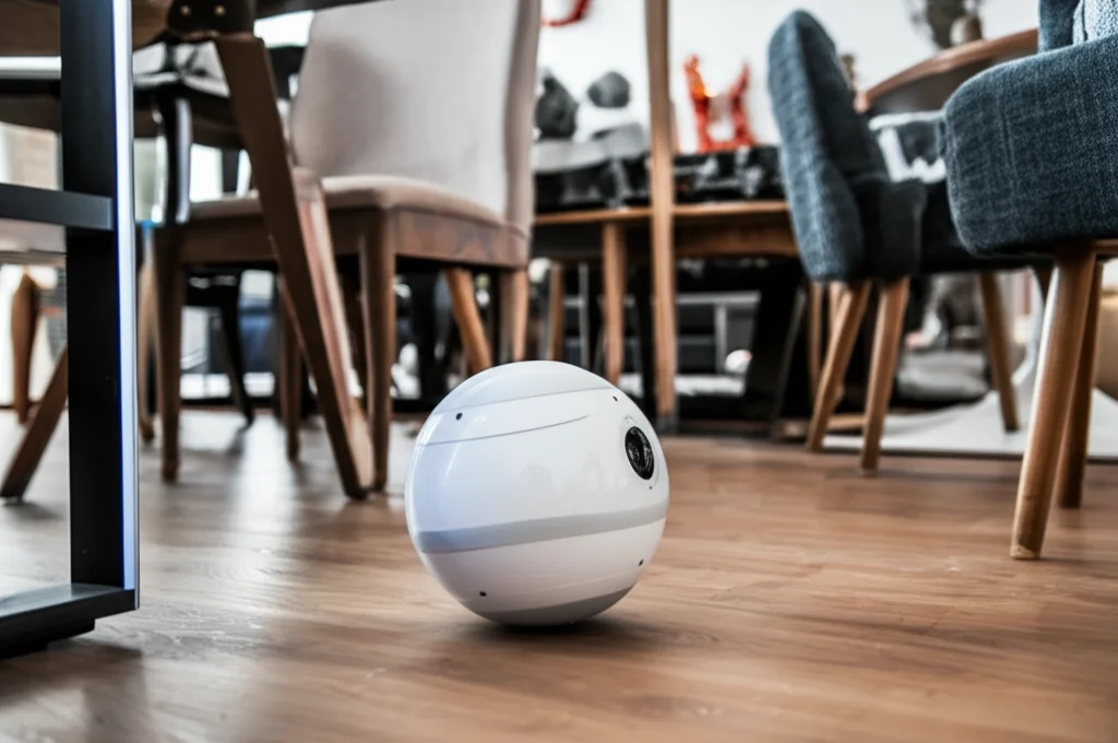 Un robot sferico bianco lucido che naviga agilmente in un ambiente interno complesso pieno di mobili e ostacoli vari, fotografia macro con obiettivo da 85mm, alta definizione, illuminazione controllata per evidenziare le texture.