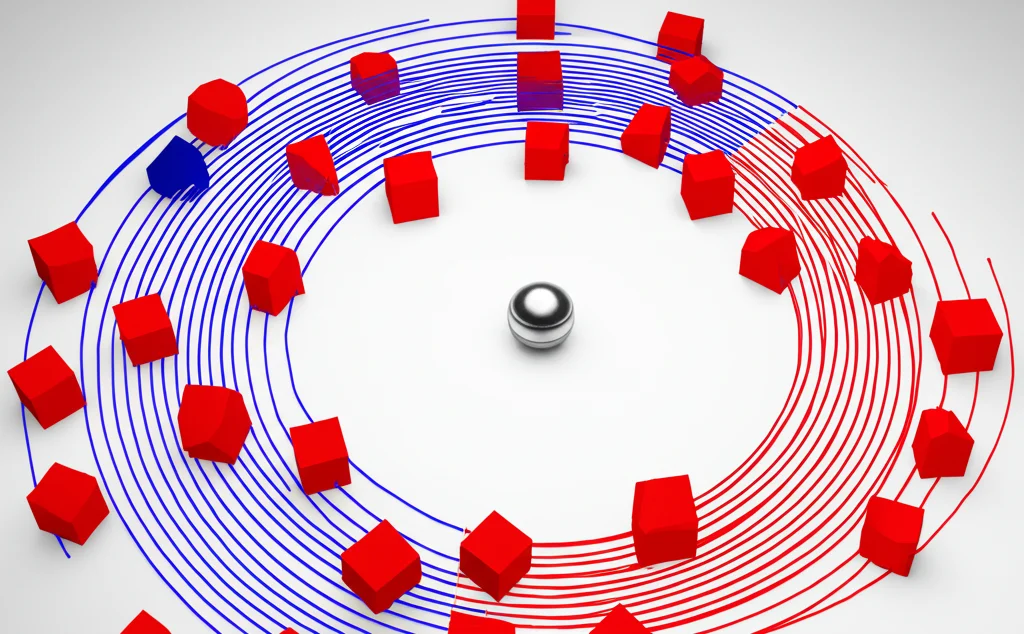 Visualizzazione 3D comparativa di due traiettorie di robot sferici, una (MPC, linea blu) che segue fedelmente un percorso a spirale verde schivando ostacoli rossi, l'altra (FLC, linea rossa) che devia maggiormente, rendering fotorealistico, illuminazione da studio.