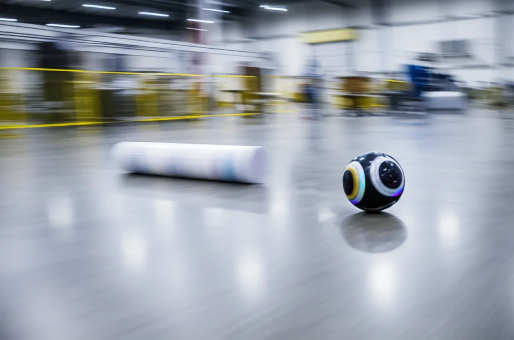 Un robot sferico che schiva agilmente un ostacolo cilindrico in movimento su un pavimento industriale lucido, fotografia d'azione con teleobiettivo da 200mm, alta velocità dell'otturatore, tracciamento del movimento, effetto motion blur sullo sfondo.