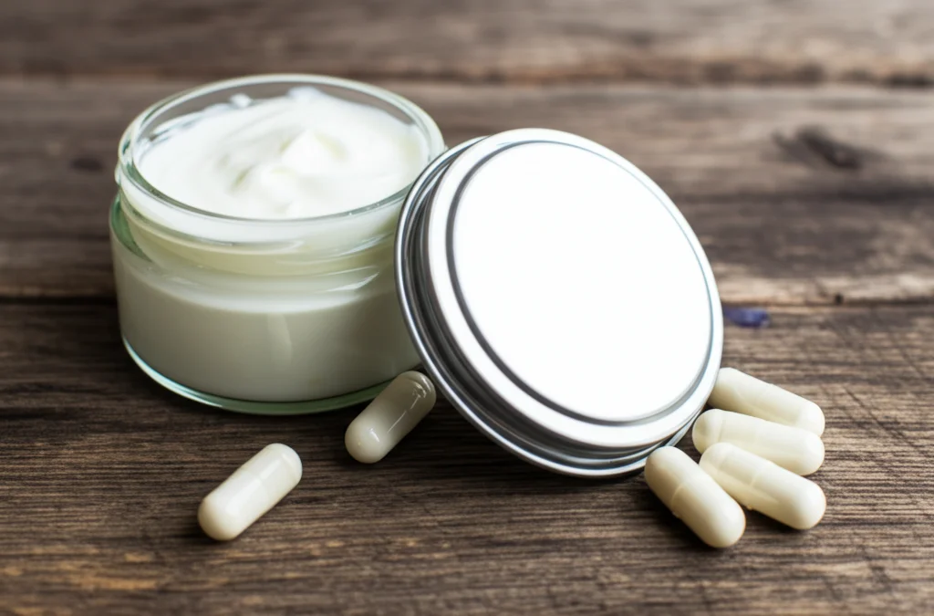 Fotografia macro di un vasetto di yogurt cremoso bianco su un tavolo di legno rustico, con alcune capsule probiotiche sparse accanto. Obiettivo macro 100mm, alta definizione dei dettagli dello yogurt, illuminazione naturale laterale controllata, messa a fuoco precisa sulla texture cremosa.