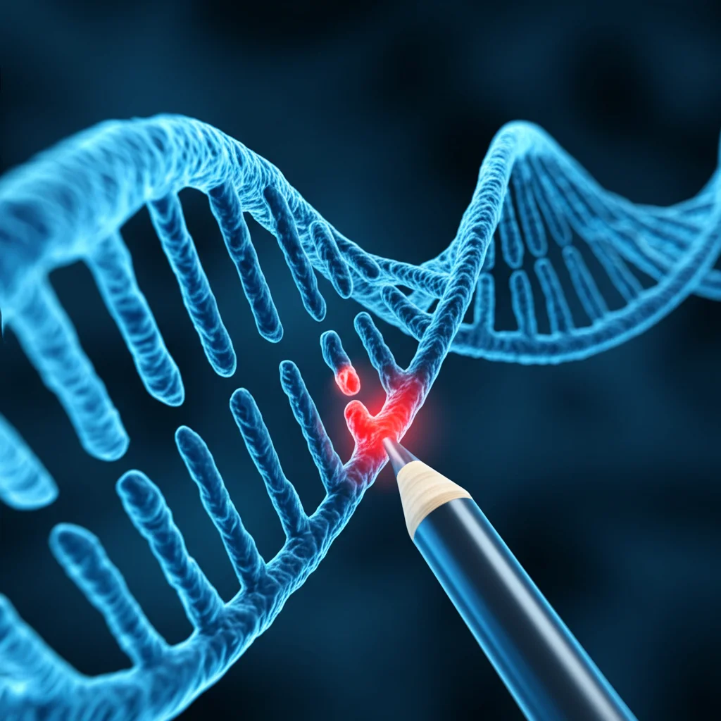 Visualizzazione 3D astratta di una doppia elica di DNA blu brillante, con una singola coppia di basi evidenziata in rosso che viene modificata da uno strumento simile a una matita laser. Obiettivo macro 60mm, alta definizione, sfondo scuro per enfatizzare il DNA, illuminazione focalizzata sulla modifica.