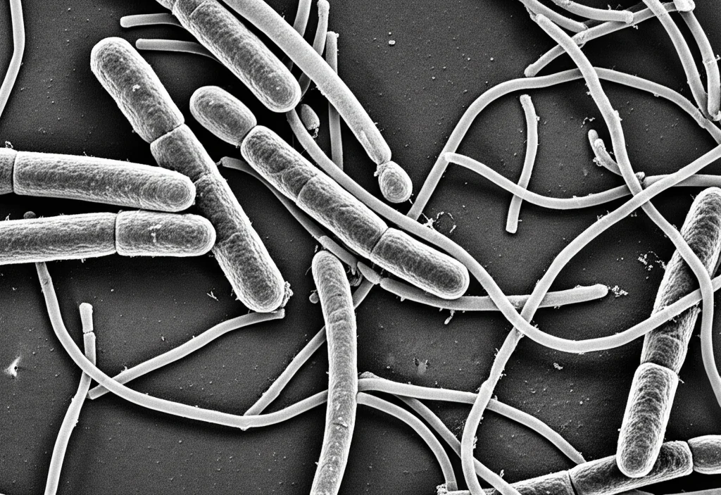 Immagine simulata ad alto ingrandimento da microscopio elettronico a scansione di batteri Lactobacillus. La maggior parte ha la tipica forma a bastoncello, ma alcuni sono visibilmente allungati e filamentosi, quasi come spaghetti. Obiettivo macro 105mm, alta definizione, resa in bianco e nero con forte contrasto per un look scientifico, illuminazione precisa.