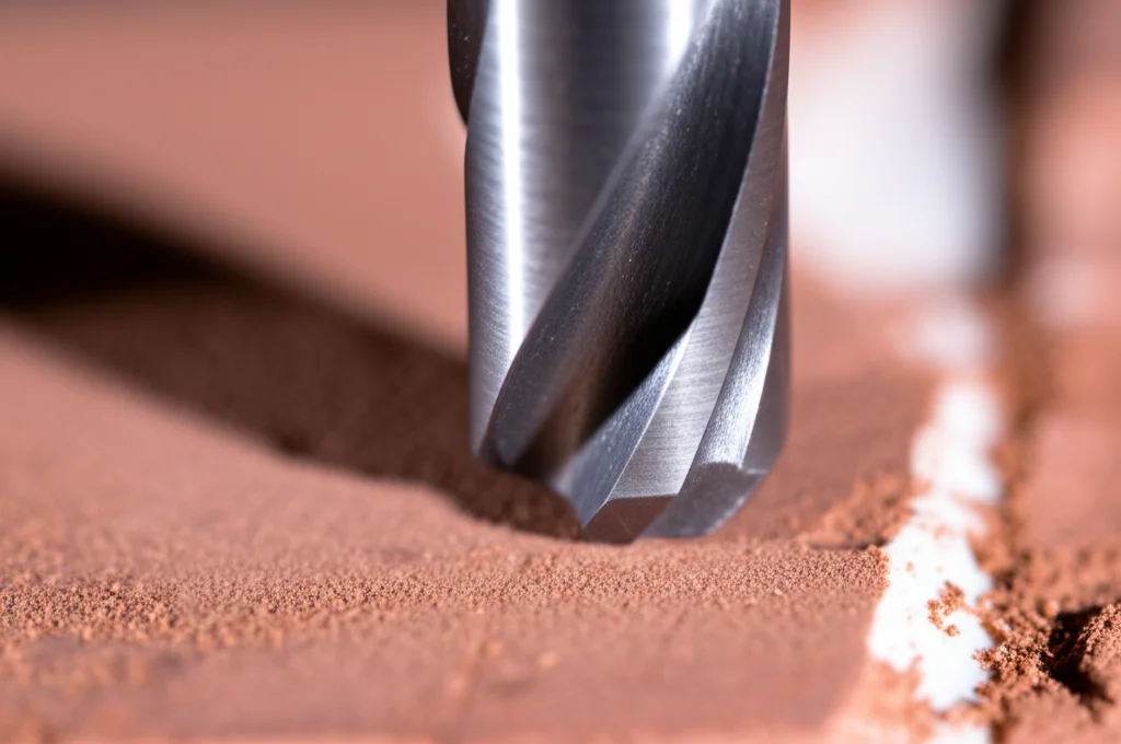 Fotografia macro di un campione di arenaria rossa in un laboratorio di geotecnica, con una punta di trapano in acciaio al tungsteno che sta perforando attivamente la superficie sotto una pressa. Macro lens, 80mm, high detail, precise focusing, controlled lighting, evidenziando la polvere di roccia e le micro-fratture iniziali.
