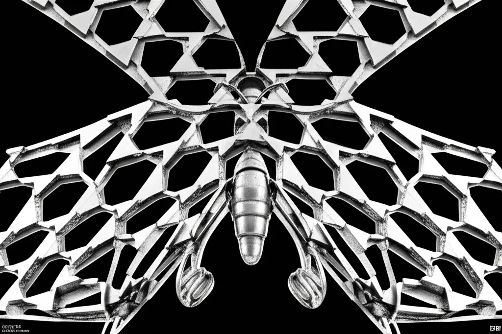 Immagine macro fotorealistica di una microstruttura metallica auxetica a forma di farfalla, illuminazione controllata da studio per evidenziare i dettagli geometrici complessi e le connessioni tra le 'ali', obiettivo macro 100mm, alta definizione, messa a fuoco precisa sui giunti.