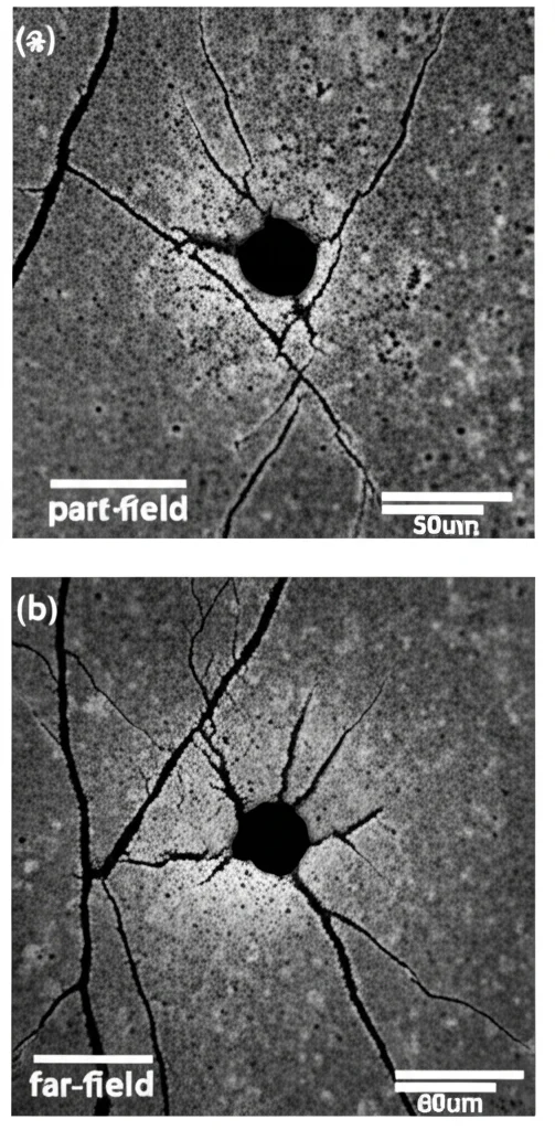 Immagine scientifica che mostra due pattern di fessurazione su campioni di roccia dopo test di compressione con perforazione. A sinistra, fessure lontane da un piccolo foro (far-field). A destra, fessure concentrate attorno a un foro più grande. Macro lens, 60mm, high detail, precise focusing, controlled lighting.
