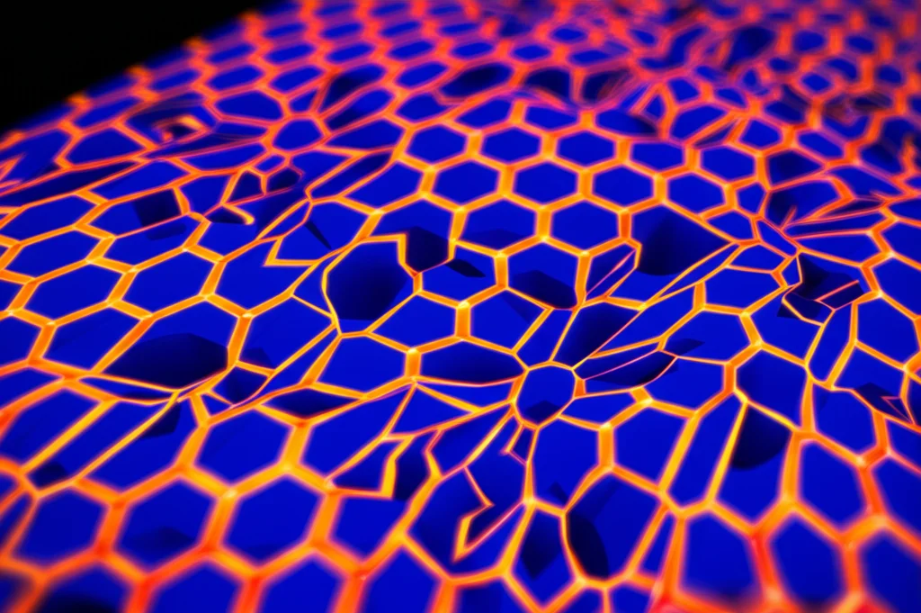 Visualizzazione 3D fotorealistica di una nanopiatta sandwich intelligente che mostra segni di buckling termico sotto un gradiente di calore visibile (sfumature dal blu freddo al rosso caldo). La struttura auxetica interna è parzialmente visibile. Obiettivo 35mm prime, profondità di campo ridotta per focalizzare sulla deformazione.