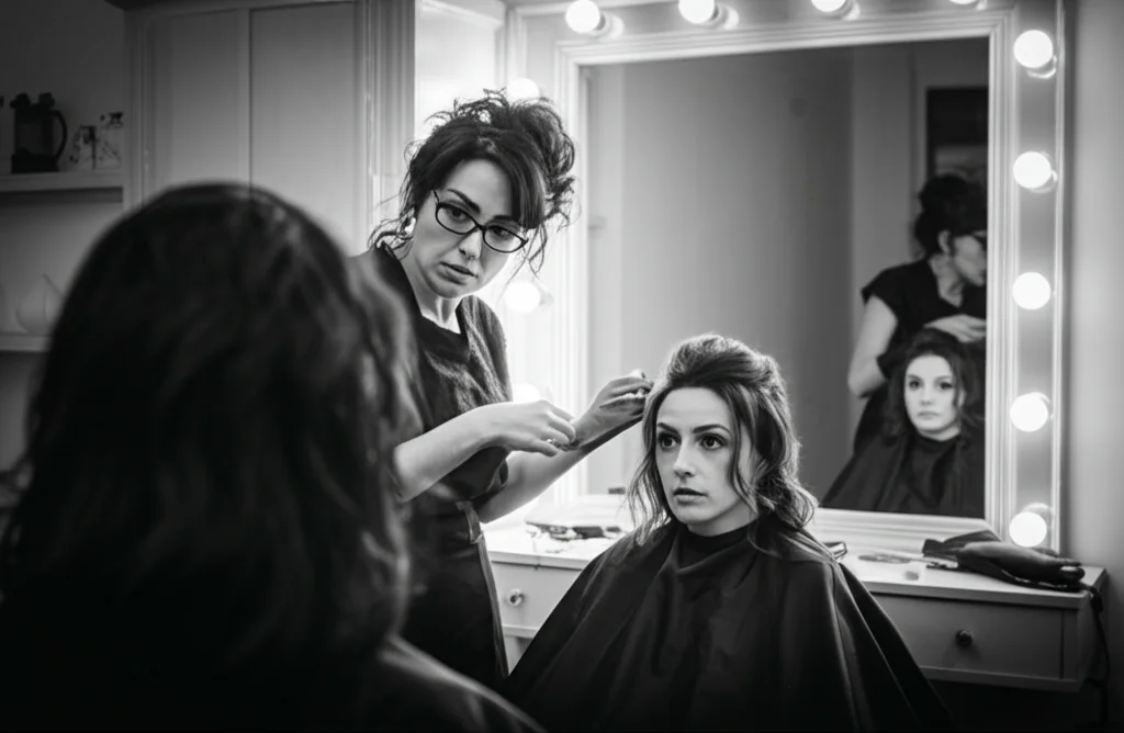 Fotografia di ritratto, una parrucchiera guarda con discreta preoccupazione i capelli di una cliente nello specchio, notando qualcosa di insolito, obiettivo 50mm, atmosfera intima ma tesa, bianco e nero, film noir.