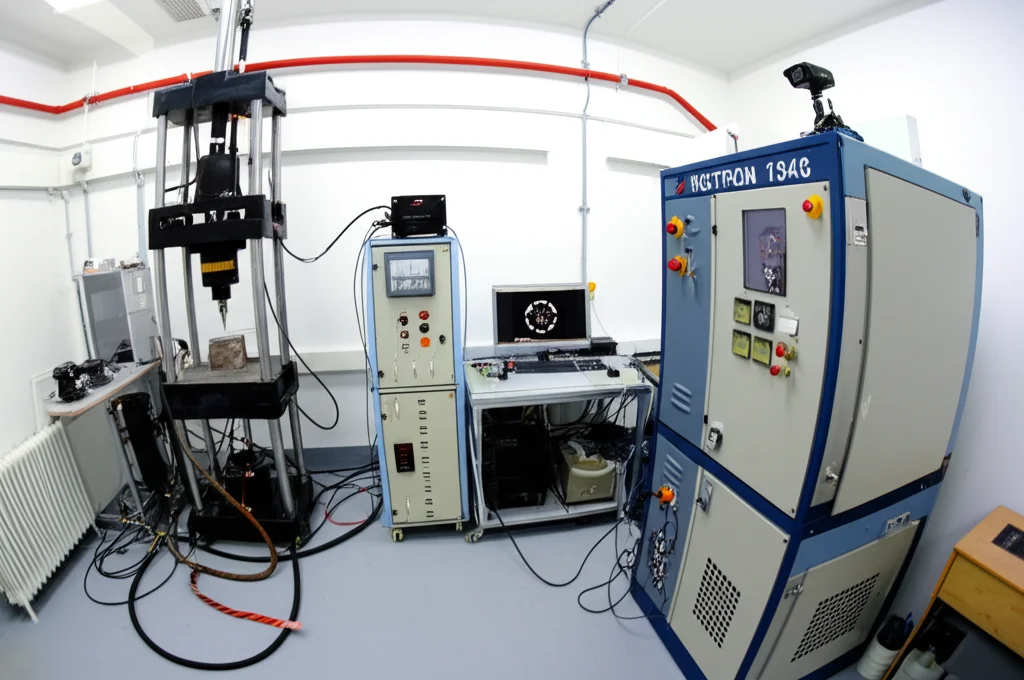 Vista grandangolare del setup sperimentale in laboratorio: la pressa INSTRON 1346 che comprime un campione di roccia, il trapano SG4500 montato per la perforazione in tempo reale, e una telecamera ad alta velocità puntata sul campione. Wide-angle lens, 24mm, depth of field, sharp focus, ambiente di laboratorio illuminato.