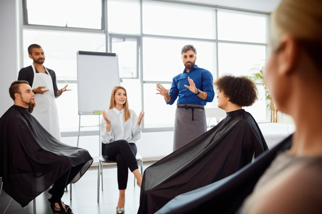 Fotografia di gruppo, un piccolo gruppo di parrucchieri partecipa attivamente a una sessione di formazione interattiva, con role-playing, in una sala luminosa, obiettivo grandangolare 24mm, focus nitido sui partecipanti.