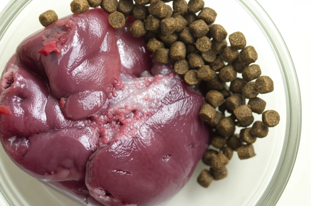 Macro fotografia di un fegato di pesce persico trota (largemouth bass) che mostra evidenti segni di fibrosi, con tessuto cicatriziale visibile e denso rispetto a un tessuto sano. Accanto, una ciotola di mangime granulare scuro, ricco di carboidrati e grassi. Illuminazione da laboratorio controllata, alta definizione, lente macro 100mm, messa a fuoco precisa sul tessuto epatico danneggiato.