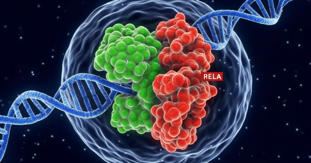 Visualizzazione 3D scientifica e fotorealistica dell'interazione tra la proteina SIRT7 (struttura complessa verde brillante) e la proteina RELA (struttura complessa rossa brillante) all'interno del nucleo sferico di una cellula epatica. Si vede chiaramente RELA legata a un filamento di DNA a doppia elica (blu luminoso). Illuminazione drammatica simile a quella della microscopia a fluorescenza, alta risoluzione, dettagli molecolari precisi, sfondo scuro per enfatizzare le molecole.