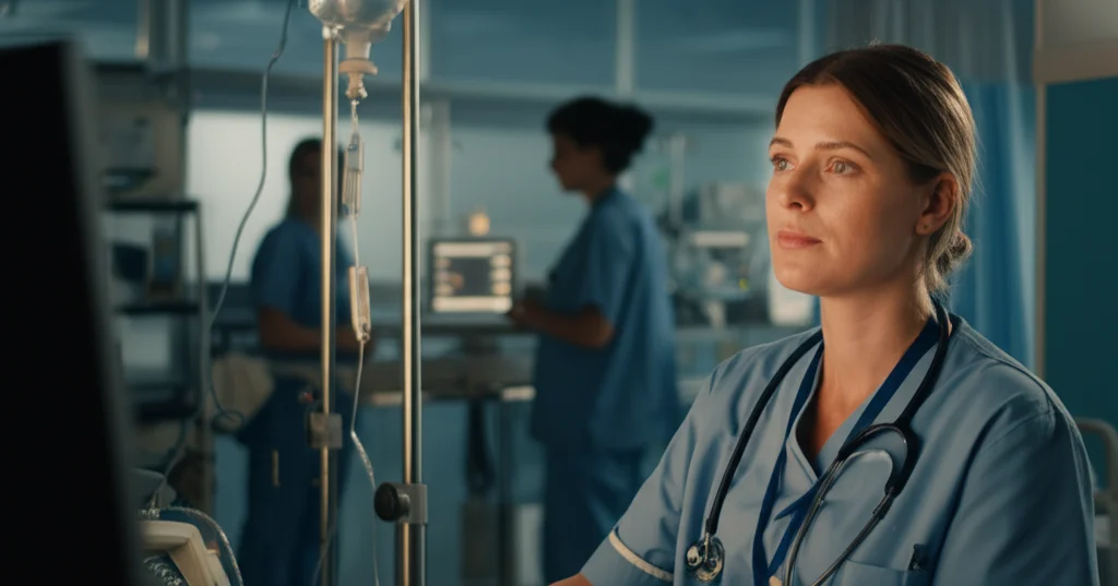 Fotografia realistica di un'infermiera incinta sorridente ma dall'aria stanca che controlla un monitor paziente in un reparto ospedaliero affollato. Obiettivo prime 35mm, luce soffusa da ospedale, profondità di campo per sfocare leggermente lo sfondo.