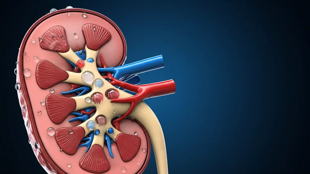 Primo piano macro di un rene umano stilizzato, metà sano e metà leggermente danneggiato, con gocce d'acqua trasparenti che lo circondano. Illuminazione controllata, lente macro 90mm, alta definizione, focus preciso sul tessuto renale.