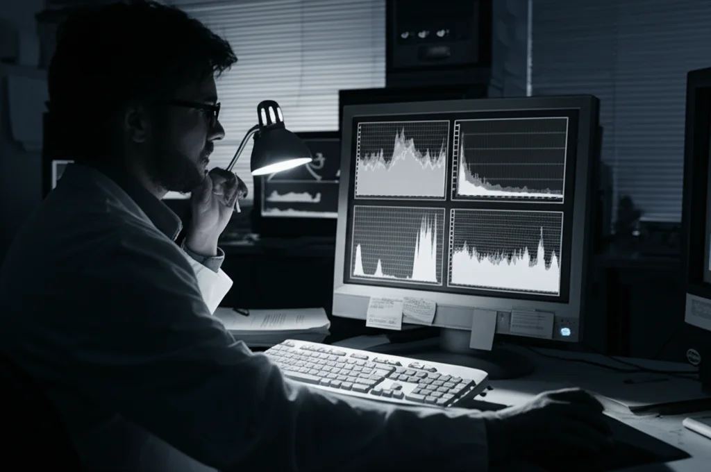 Un ricercatore o medico osserva grafici complessi su uno schermo di computer in un laboratorio scarsamente illuminato. Stile film noir, bianco e nero, lente 24mm, focus sullo schermo luminoso.