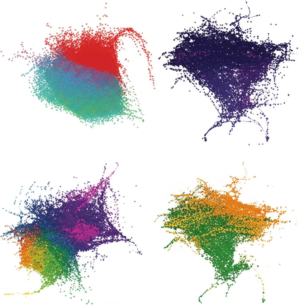 Visualizzazione UMAP da scRNA-seq che mostra cluster cellulari distinti nel microambiente tumorale del medulloblastoma primario e metastatico, evidenziando le differenze. Immagine scientifica ad alta risoluzione, illuminazione controllata, stile grafico pulito.