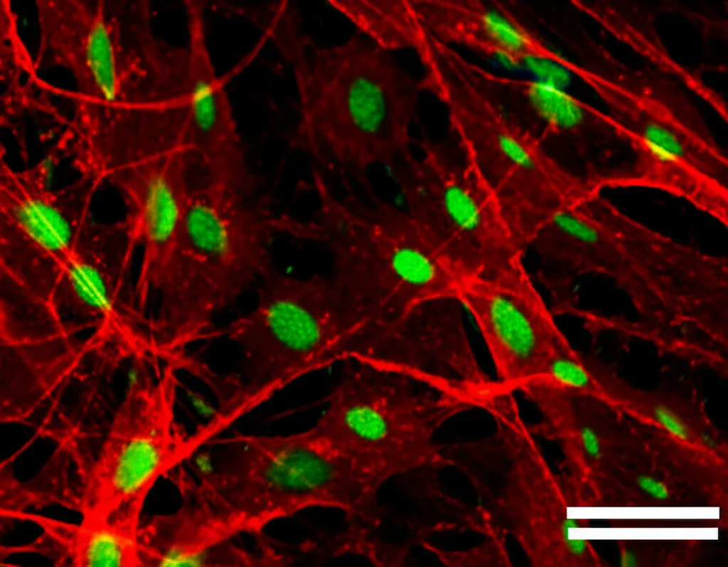 Microscopia a fluorescenza del midollo spinale di topo che mostra fibroblasti meningei (verdi, PDGFRα+) reclutati vicino a cellule tumorali metastatiche di medulloblastoma (rosse, mCherry). Obiettivo macro 100mm, alta definizione, focus preciso sulle interazioni cellulari nel microambiente tumorale.