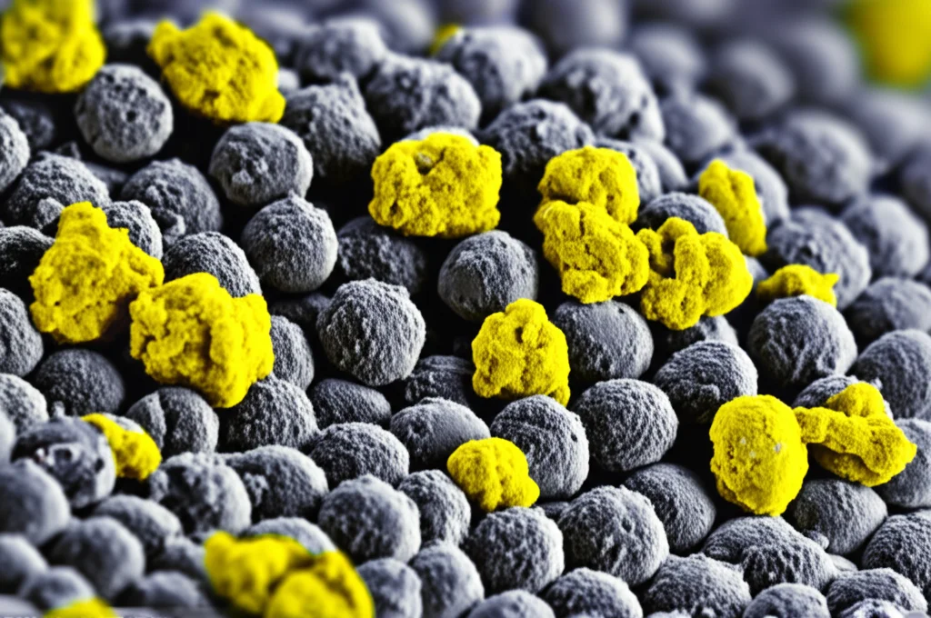 Macro fotografia di nanoparticelle sferiche di argento/selenio, obiettivo macro 100mm, alta definizione, illuminate lateralmente per mostrare la texture superficiale, alcune particelle gialle di bisdemetossicurcumina adese, sfondo scuro e sfocato.