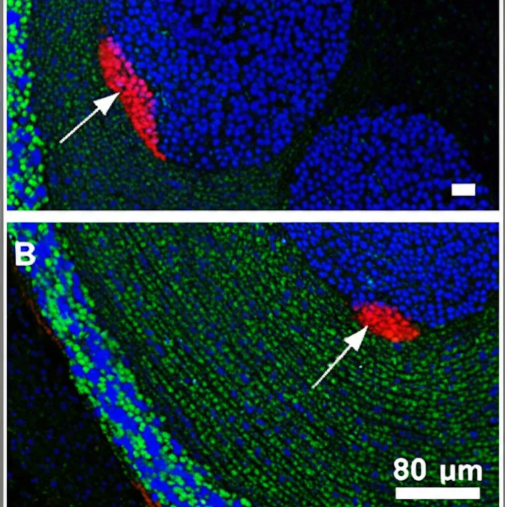 Sezione trasversale del midollo spinale metastatico che mostra cellule tumorali di medulloblastoma (verdi, GFP+) con segnali di fosforilazione di SMAD1/5 (rossi), indicando l'attivazione della via BMP. Immagine confocale ad alta risoluzione, dettagli molecolari visibili, obiettivo 40x olio.