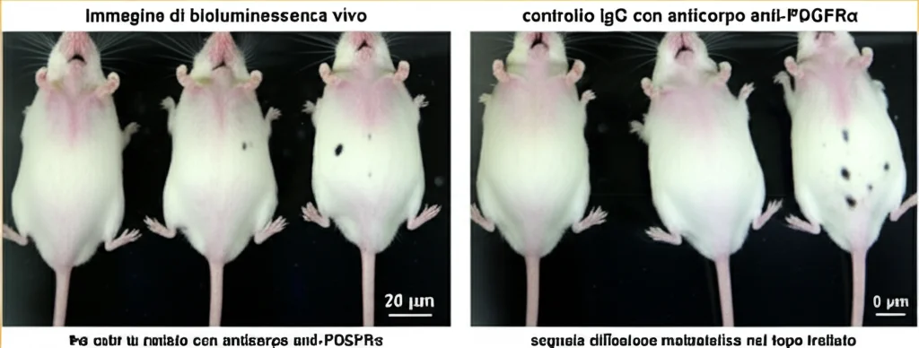 Immagine di bioluminescenza in vivo di topi modello, uno trattato con controllo IgG e l'altro con anticorpo anti-PDGFRα, che mostra una ridotta diffusione metastatica (segnale luminoso) nel topo trattato. Fotografia scientifica, esposizione controllata per catturare il segnale luminoso, confronto side-by-side.