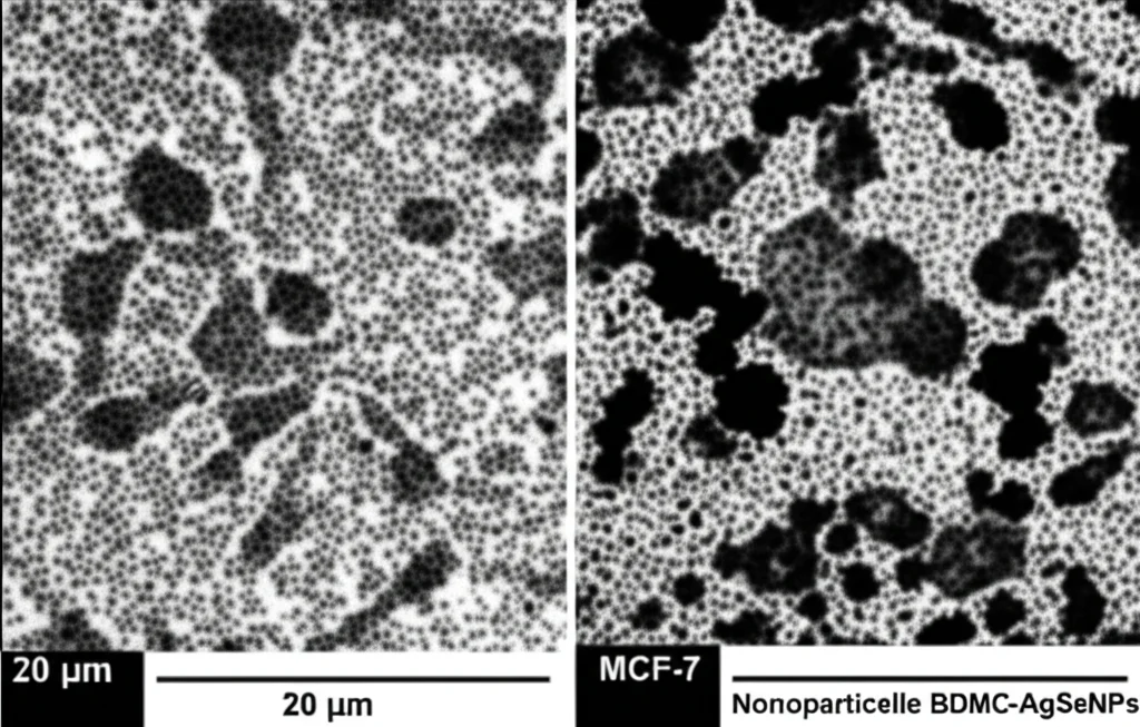 Microscopia elettronica a trasmissione (TEM) simulata, alta definizione, che mostra cellule tumorali mammarie (MCF-7) con nanoparticelle BDMC-AgSeNPs che interagiscono con la membrana cellulare, dettagli precisi delle strutture cellulari e delle nanoparticelle.