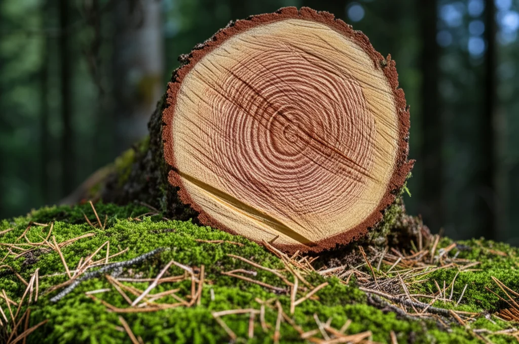 Primo piano di un disco di tronco di abete rosso appena tagliato, posato su muschio verde nel bosco. Si vedono chiaramente gli anelli di crescita annuali. Luce naturale filtrata dagli alberi circostanti, obiettivo macro 60mm, alta definizione dei dettagli degli anelli e della texture del legno.