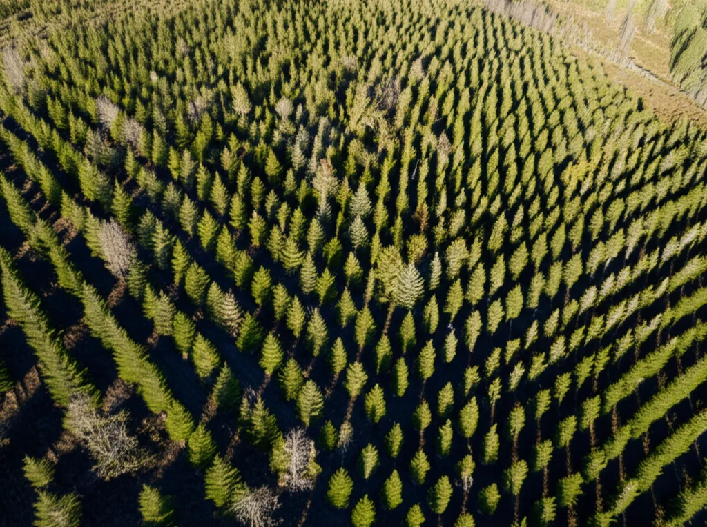 Giovane piantagione di abete rosso in Norvegia vista dall'alto con un drone. Si notano alberi di altezze diverse che crescono vigorosamente. Luce solare diretta che crea ombre nette, obiettivo grandangolare 20mm, messa a fuoco nitida sull'intera piantagione.