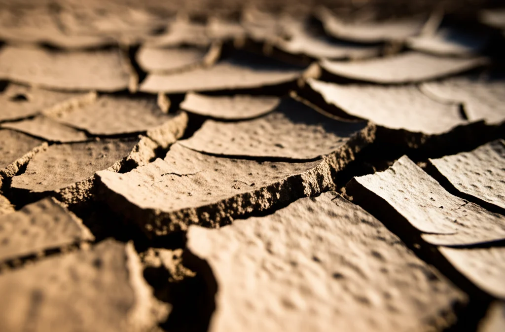 Fotografia macro di terreno agricolo secco e screpolato sotto il sole cocente della California, obiettivo macro 100mm, alta definizione, luce controllata, evidenziando la texture arida e la potenziale fonte di polvere.
