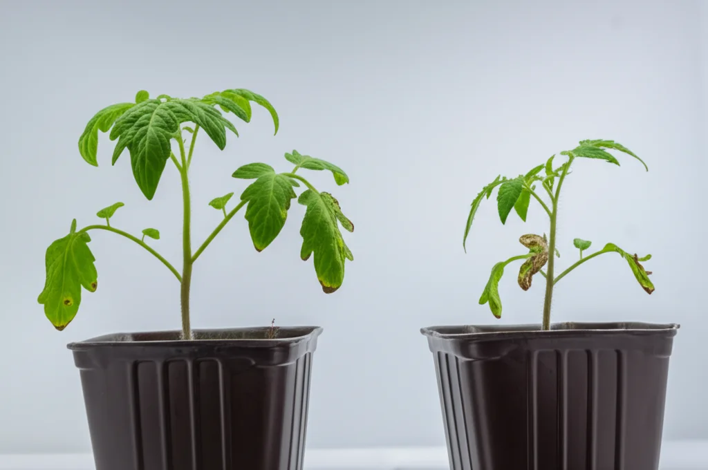 Macro fotografia di due giovani piantine di pomodoro affiancate in vasetti separati sotto luce controllata. Una (rappresentante Edkawy) appare vigorosa e verde brillante. L'altra (rappresentante Super Strain B) mostra segni di stress da sale, con foglie leggermente ingiallite e crescita ridotta. Obiettivo macro 90mm, alta definizione, messa a fuoco precisa sulla texture delle foglie.