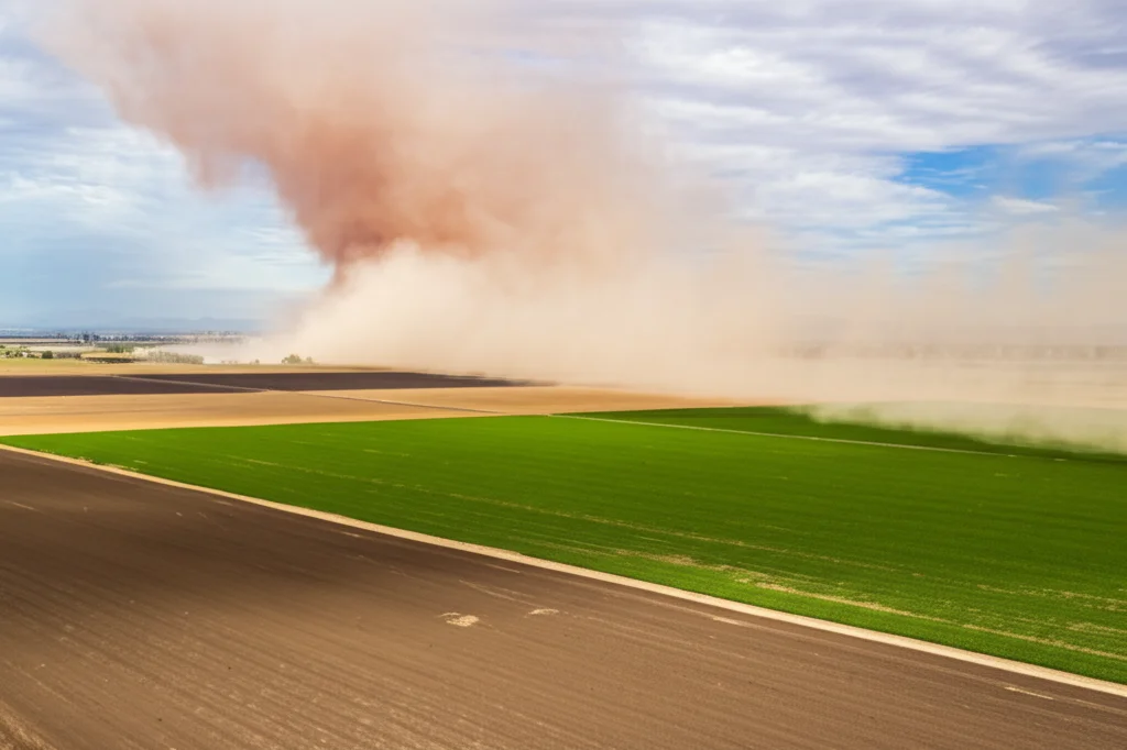 Ampia veduta paesaggistica della Central Valley californiana con una nube di polvere sollevata dal vento sopra campi agricoli marroni (incolti) e verdi (coltivati), obiettivo grandangolare 24mm, messa a fuoco nitida, cielo parzialmente nuvoloso, illustrando il fenomeno dell'erosione eolica.