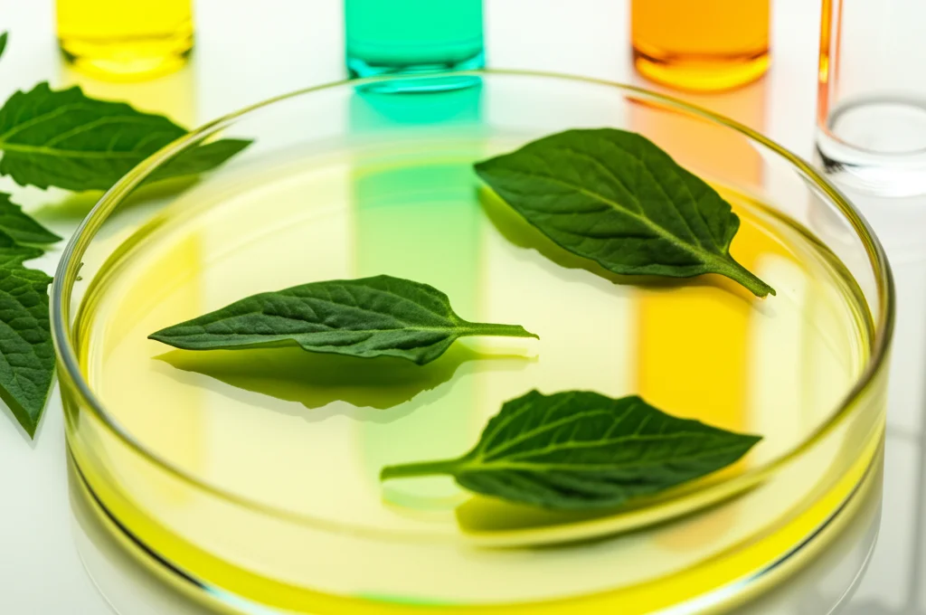 Fotografia still life in stile laboratorio. Primo piano estremo di foglie di pomodoro fresche sezionate in una piastra di Petri di vetro. Accanto, piccole provette contenenti liquidi colorati: uno chiaro/giallastro (zuccheri) e uno verde intenso (clorofilla estratta). Illuminazione da laboratorio controllata e precisa, obiettivo macro 105mm, alta definizione dei dettagli biochimici.