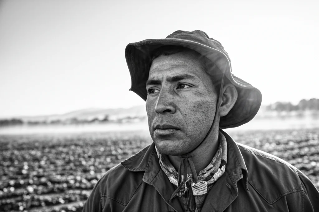 Ritratto di un lavoratore agricolo ispanico nella Central Valley, 35mm, bianco e nero, profondità di campo, espressione preoccupata mentre guarda un campo polveroso in lontananza, simboleggiando l'impatto sulla salute delle comunità agricole.