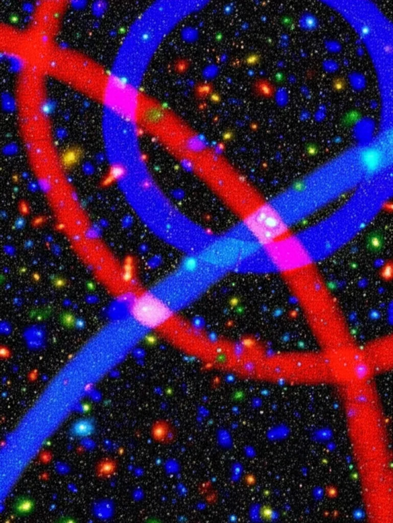 Visualizzazione 3D astratta di un campo di luce granulare (speckle) fluttuante. All'interno di questo campo caotico, emergono due anelli luminosi intrecciati (uno rosso, uno blu), che rappresentano un legame di Hopf formato da singolarità di coerenza. Macro lens, 85mm, illuminazione controllata ad alto dettaglio per evidenziare la struttura nascosta nel caos.