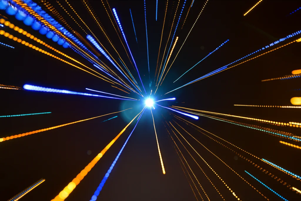 Visualizzazione astratta di reti complesse di dati genomici ed espressione genica che convergono su un punto luminoso centrale. Fotografia wide-angle 15mm, messa a fuoco nitida, linee di dati luminose su sfondo scuro, long exposure per creare scie luminose.