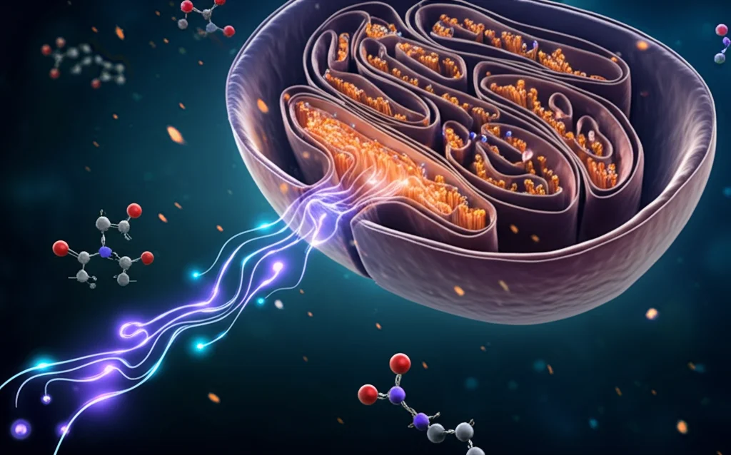 Illustrazione fotorealistica di un mitocondrio stilizzato con frecce luminose che indicano il flusso di elettroni e l'interazione con molecole ROS. Lente macro 60mm, alta definizione, illuminazione interna eterea, sfondo scuro.