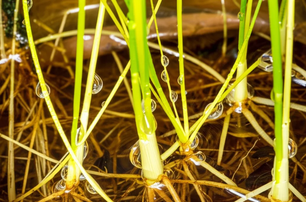 Macro fotografia di radici di Hemarthria compressa in un terreno saturo d'acqua. Lente macro 100mm, alta definizione, illuminazione controllata per evidenziare la struttura fine delle radici e le gocce d'acqua aderenti, alcune radici mostrano un colore leggermente più scuro dovuto allo stress.