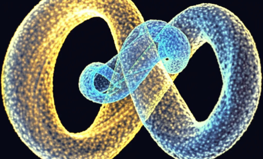 Ricostruzione sperimentale 3D di un nodo a trifoglio incoerente. Una singola linea luminosa continua forma un nodo complesso con tre incroci, tracciando le posizioni delle singolarità di coerenza nello spazio. Visualizzazione scientifica su sfondo scuro, focus nitido, stile rendering 3D.