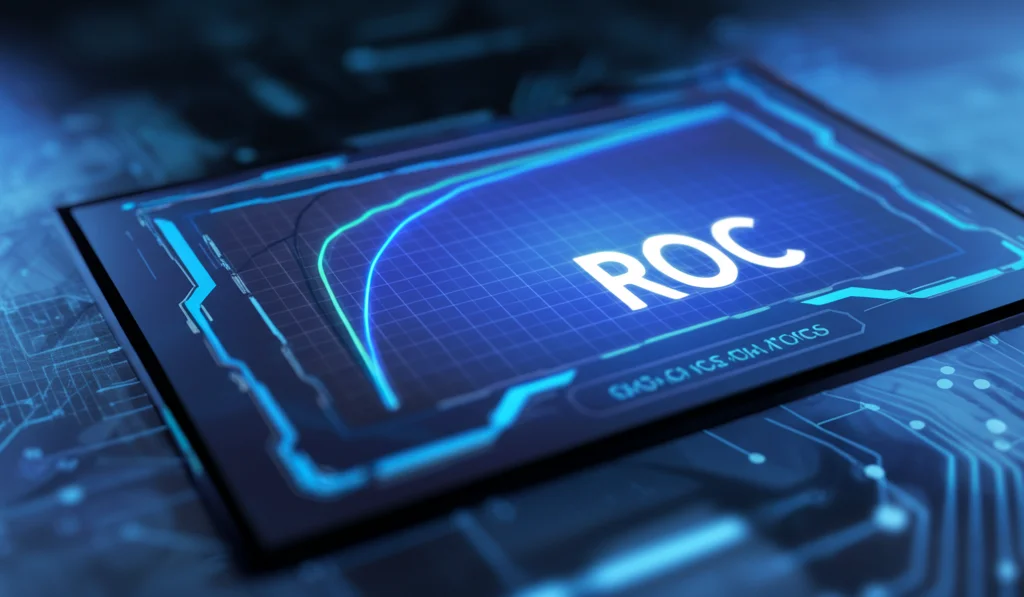 Grafico stilizzato di una curva ROC con un'alta AUC, visualizzato su uno schermo digitale futuristico. Fotografia still life, lente 50mm, profondità di campo ridotta, illuminazione high-tech bluastra.