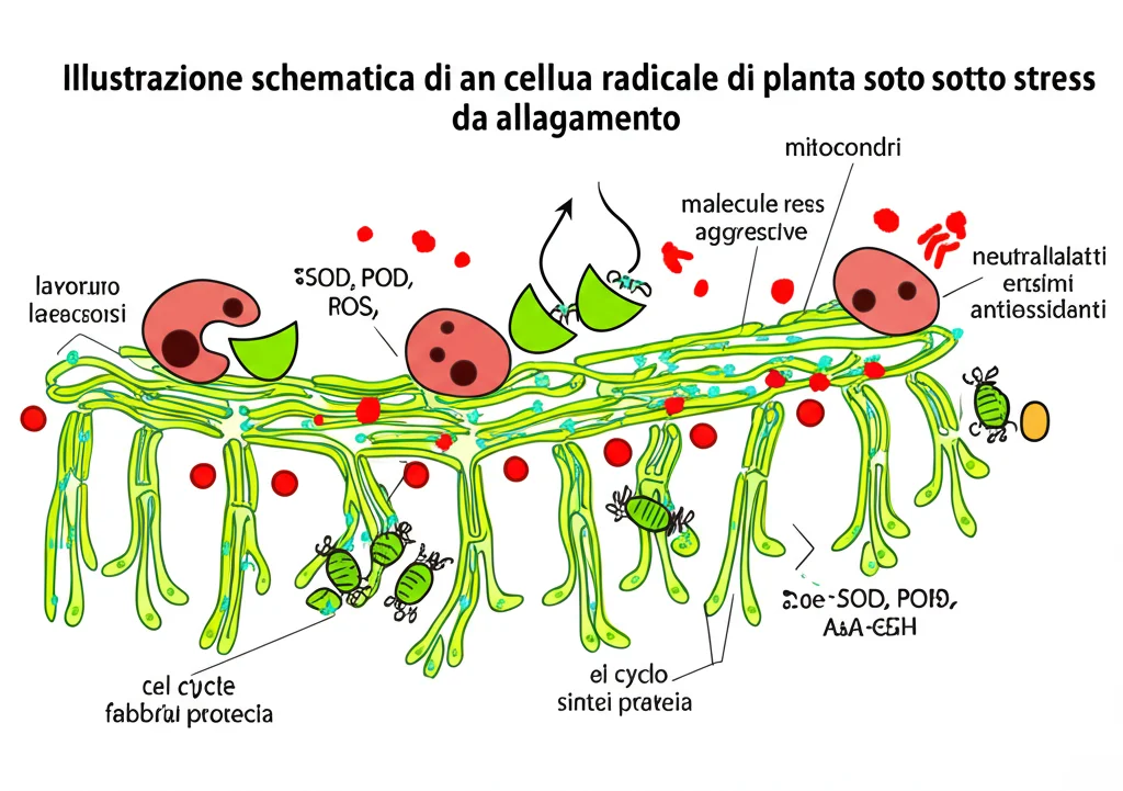 Illustrazione schematica di una cellula radicale di pianta sotto stress da allagamento. Si vedono mitocondri che lavorano in anaerobiosi, ROS (molecole rosse aggressive) neutralizzati da enzimi antiossidanti (SOD, POD, scudi verdi) e dal ciclo AsA-GSH. I ribosomi (piccole fabbriche) sono attivi nella sintesi proteica. Lente virtuale, stile infografica scientifica dettagliata.